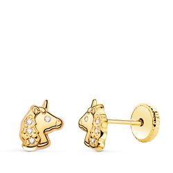 18K Pendientes Oro Amarillo Unicornios Brillo Con Circonita Tuerca 7,5 X 6Mm