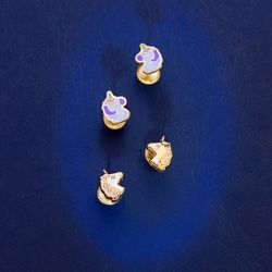 18K Pendientes Oro Amarillo Unicornios Esmalte Cierre Tuerca 7,5 X 5 Mm