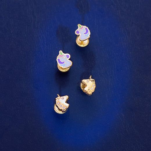 18K Pendientes Oro Amarillo Unicornios Esmalte Cierre Tuerca 7,5 X 5 Mm