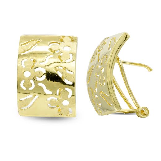 18K Pendientes Oro Amarillo Y Flores Mate Y Brillo Cierre Omega