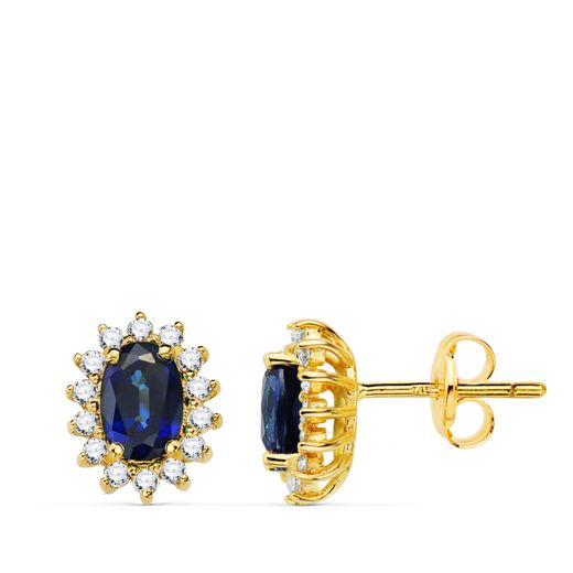 18K Pendientes Oro Amarillo Zafiro 6X4 Mm 1,24 Qt Y Diamantes 0,280Qt Vs2-G. 9,5X8 Mm Cierre Presion