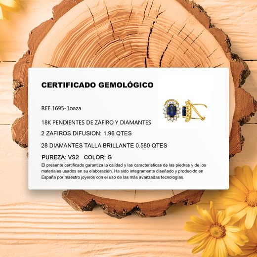 18K Pendientes Oro Amarillo Zafiro 7X5 Mm 1,96Qt Y Diamantes 0.580Qt Vs2-G. 11,5X9,5 Mm Cierre Omega