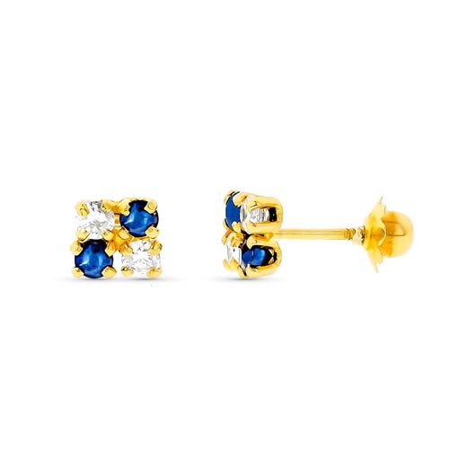 18K Pendientes Oro Amarillo Zafiros Y Circonita Cierre Tuerca
