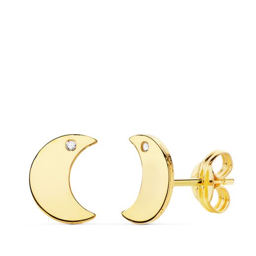 18K Pendientes Oro Amarilo Luna Lisa Circonita 8.5 X 6 Mm Cierre Presion