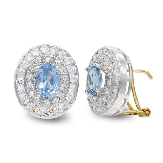 18K Pendientes Oro Bicolor Aguamarina Y Circonita Cierre Omega