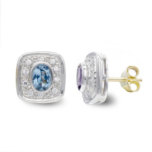 18K Pendientes Oro Bicolor Aguamarina Y Circonita Cierre Presion