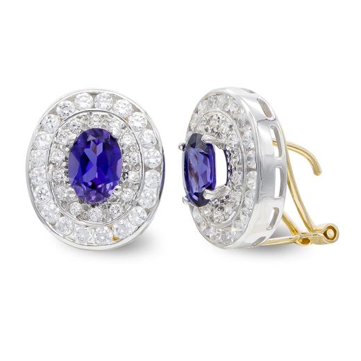 18K Pendientes Oro Bicolor Amatista Y Circonita Cierre Omega