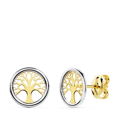 18K Pendientes Oro Bicolor Arbol De La Vida 8 Mm Cierre Presion