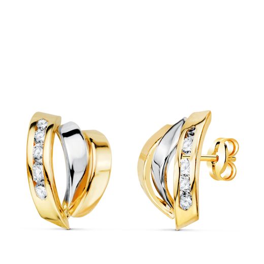 18K Pendientes Oro Bicolor Bandas Con Circonitas. Medida: 15X10 Mm. Cierre Presion