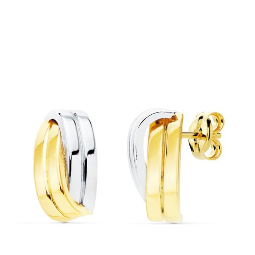 18K Pendientes Oro Bicolor Bandas Lisas. 13X7 Mm Cierre De Presion.
