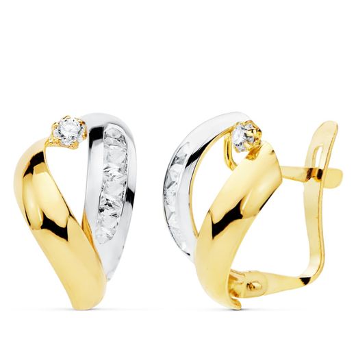 18K Pendientes Oro Bicolor Bandas Y Circonita 16X9 Mm Cierre Catalan