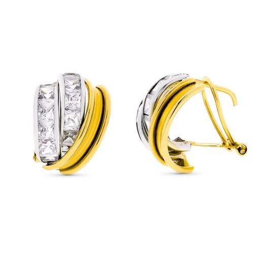 18K Pendientes Oro Bicolor Bandas Y Circonita Cierre Omega