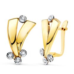 18K Pendientes Oro Bicolor Bandas Y Motivos Redondos Tallados. 16,5 X 10 Mm. Cierre Catalan