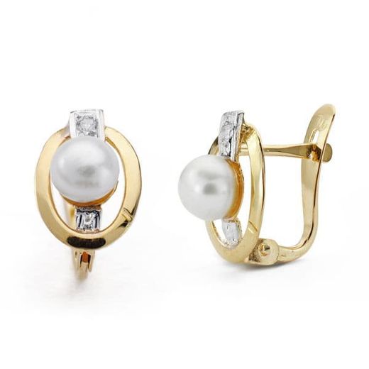 18K Pendientes Oro Bicolor Comunion Perla Circonita 10X7 Mm Cierre Catalan