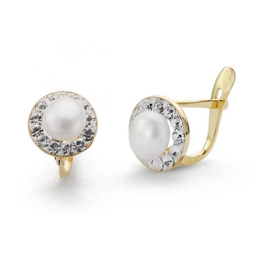 18K Pendientes Oro Bicolor Comunion Perla Y Circonita 8 Mm Cierre Catalan