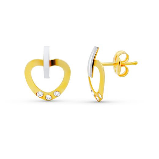 18K Pendientes Oro Bicolor Corazon 11X8 Mm. Cierre Presion
