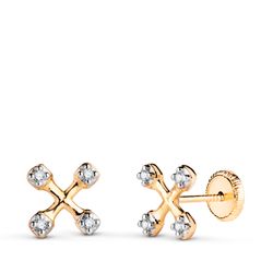 18K Pendientes Oro Bicolor Cruz Con Circonitas. Medida: 6,5 X 6,5 Mm. Cierre Tuerca