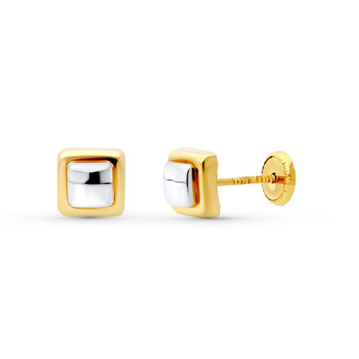 18K Pendientes Oro Bicolor Cuadrado 6X6 Mm. Cierre Tuerca