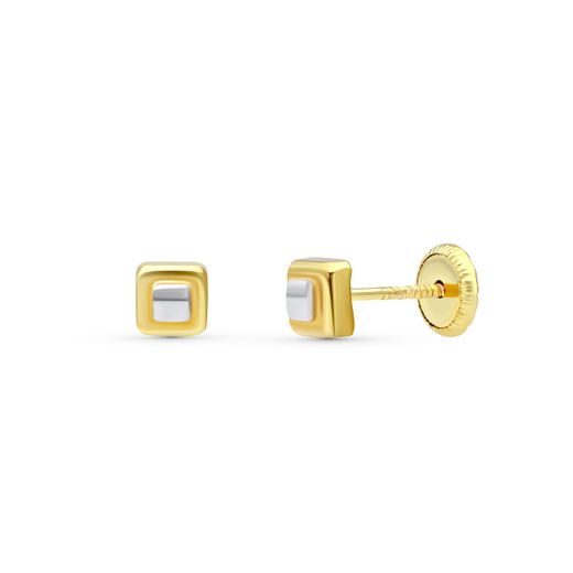 18K Pendientes Oro Bicolor Cuadrados 4X4 Mm