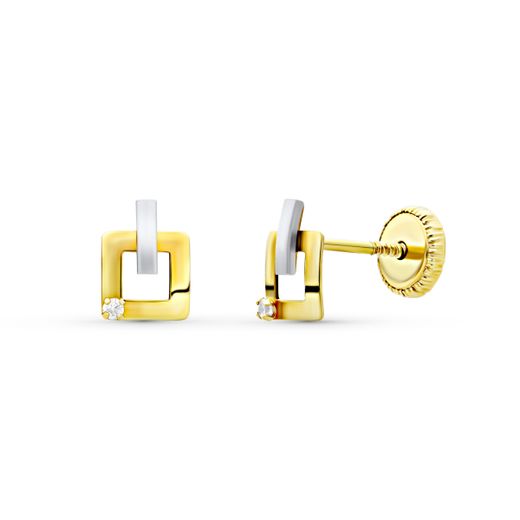 18K Pendientes Oro Bicolor Cuadrados 6X5 Mm Cierre Tuerca