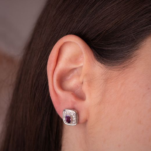 18K Pendientes Oro Bicolor Cuadrados Con Amatista Y Circonitas. 11X11 Mm. Cierre Presion