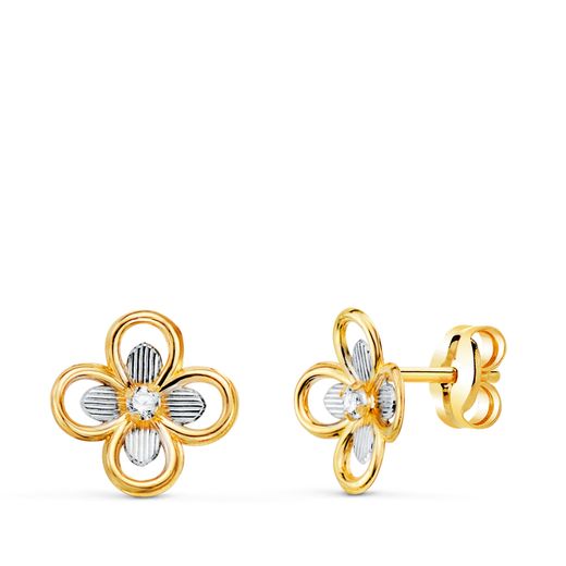 18K Pendientes Oro Bicolor Cuatrebol Con Circonitas. Medida: 8X8 Mm. Cierr Presion