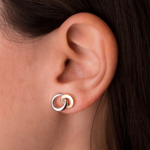 18K Pendientes Oro Bicolor Doble Aro Brillo 13 X 10 Mm. Cierre Presion