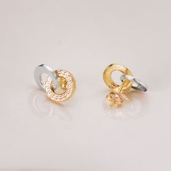 18K Pendientes Oro Bicolor Doble Aro Liso Y Greca 13 X 9 Mm. Cierre Presion