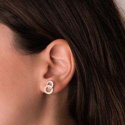 18K Pendientes Oro Bicolor Doble Aro Liso Y Greca 13 X 9 Mm. Cierre Presion