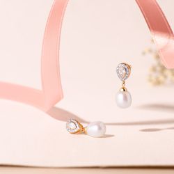 18K Pendientes Oro Bicolor Dos Cuerpos Con Perlas Y Circonita 25 X 8Mm Presion