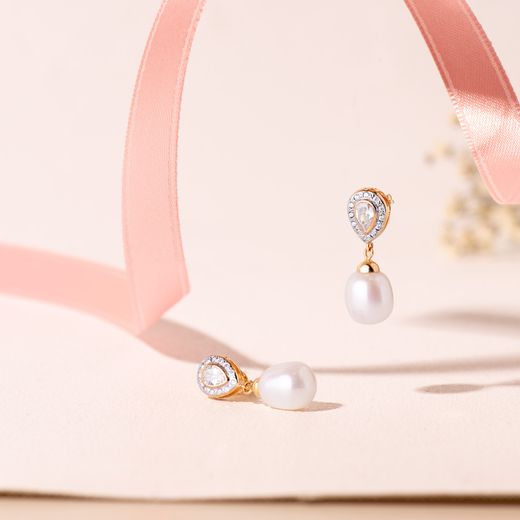 18K Pendientes Oro Bicolor Dos Cuerpos Con Perlas Y Circonita 25 X 8Mm Presion