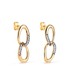18K Pendientes Oro Bicolor Dos Eslabones Con Circonitas. Medida: 20 X 7 Mm. Cierre Presion