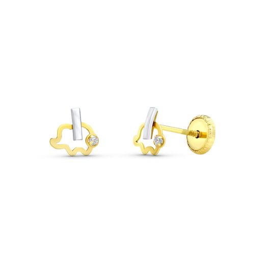 18K Pendientes Oro Bicolor Elefante 6X6 Mm Cierre Tuerca