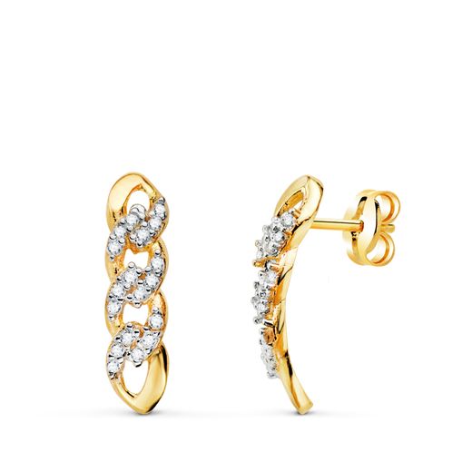 18K Pendientes Oro Bicolor Eslabones Circonita 16 X 4Mm. Cierre Presion