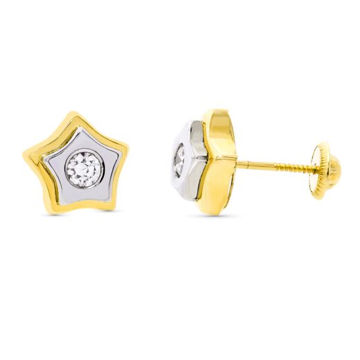 18K Pendientes Oro Bicolor Estrella Circonita 9X9 Mm Cierre Tuerca