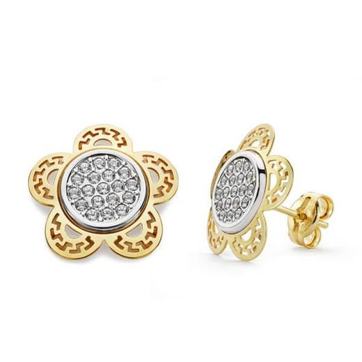 18K Pendientes Oro Bicolor Flor 12X12 Mm Cierre Presion