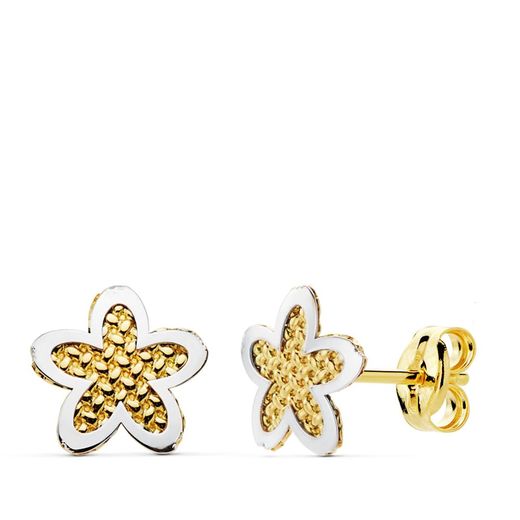 18K Pendientes Oro Bicolor Flor 7.5X7.5 Mm Cierre Presion