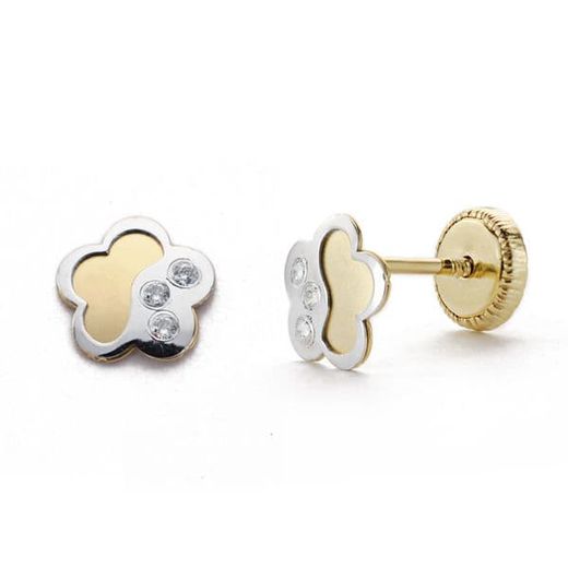 18K Pendientes Oro Bicolor Flor Circonita 6 Mm Cierre Tuerca