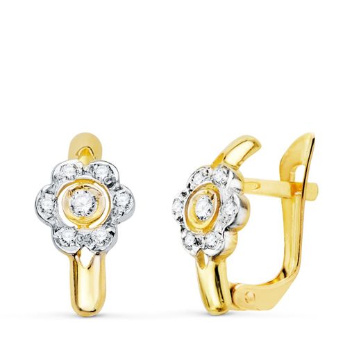 18K Pendientes Oro Bicolor Flor Con Circonita 12X6 Mm Cierre Catalan
