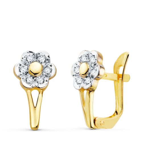 18K Pendientes Oro Bicolor Flor Con Circonita 13X7 Mm Cierre Catalan