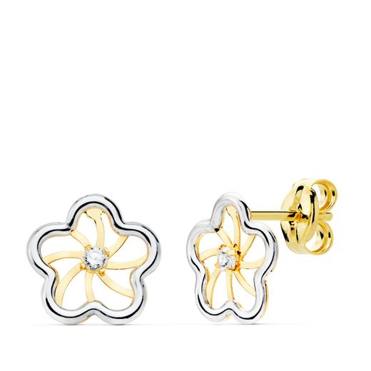 18K Pendientes Oro Bicolor Flor Y Circonita 8X8 Mm Cierre Presion