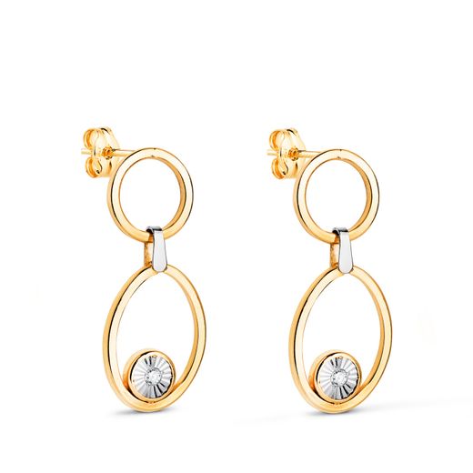 18K Pendientes Oro Bicolor Largos Dos Aros Con Circonitas. Medida: 23 X 10 Mm. Cierre Presion