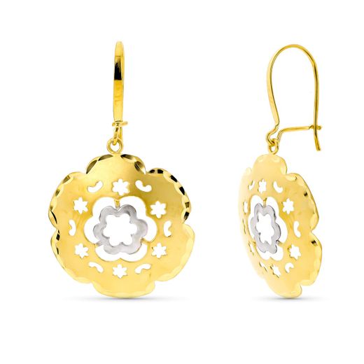 18K Pendientes Oro Bicolor Largos Flor. Cierre Gancho