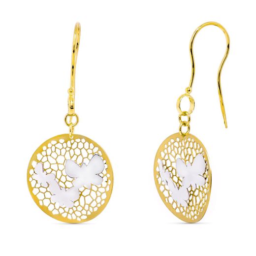 18K Pendientes Oro Bicolor Largos Mariposas. 43X18 Mm Cierre Gancho