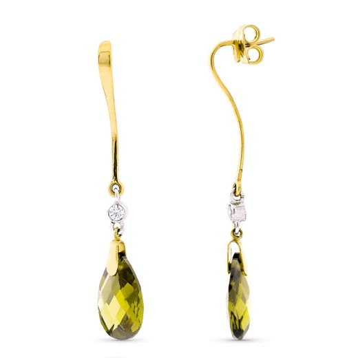 18K Pendientes Oro Bicolor Largos Olivina 14X10 Mm Cierre Presion