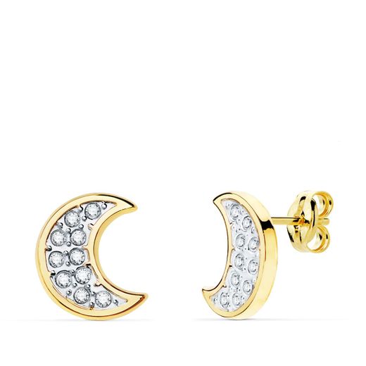 18K Pendientes Oro Bicolor Luna Con Circonita 11X9 Mm Cierre Presion.