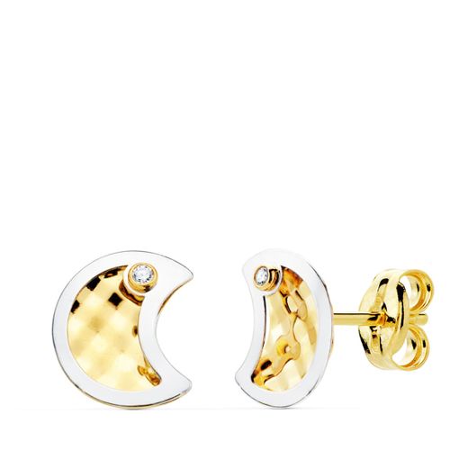 18K Pendientes Oro Bicolor Luna Y Circonita 8X6.5 Mm Cierre Presion