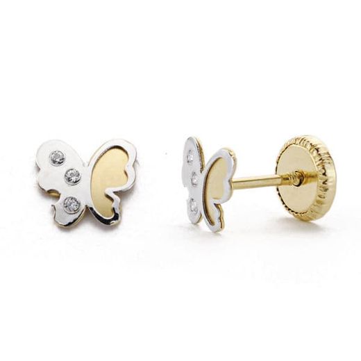 18K Pendientes Oro Bicolor Mariposa Circonita 5 Mm Cierre Tuerca