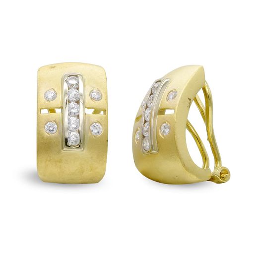 18K Pendientes Oro Bicolor Mate Y Brillo Con Circonita Cierre Omega