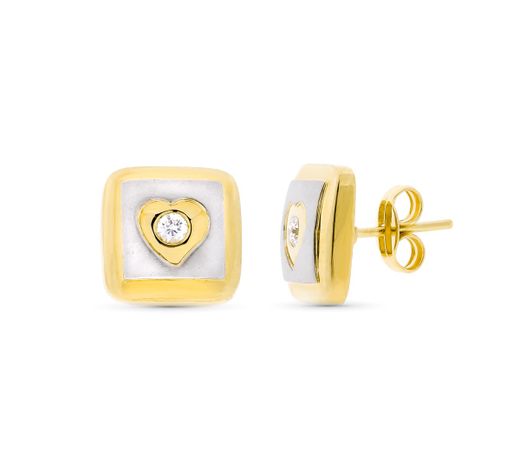 18K Pendientes Oro Bicolor Mate Y Brillo Cuadrados Bicolor 11X11 Mm Cierre A Presión
